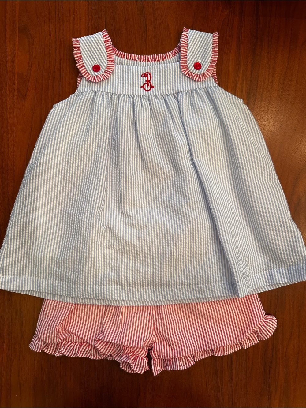 Cecil and Lou “B” Blue Seersucker Top and Red Stripe Shorts Set size 5